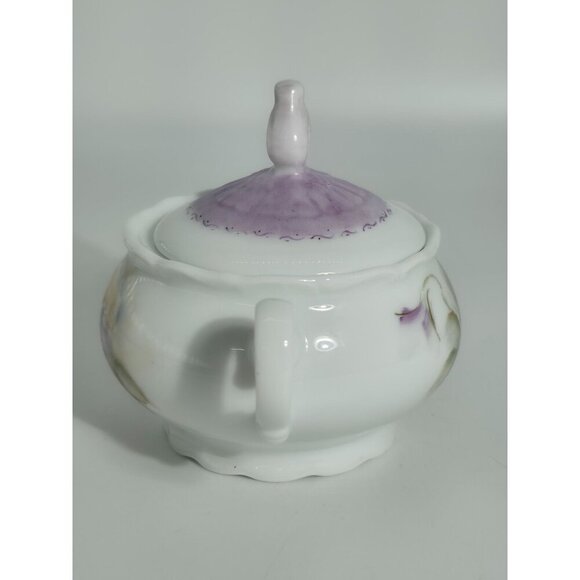 Antique Hand Painted Porcelain Sugar Bowl With Purple Lid & Floral Design - Picture 2 of 12